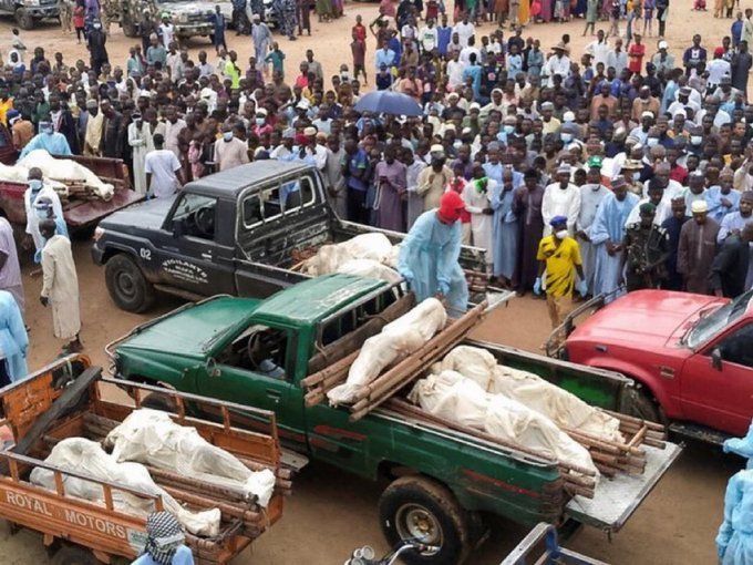 Christian funeral procession in Nigeria after mass killing, highlighting global silence on religious persecution.