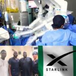 Robotic surgical system in use during Nigeria’s first tele-robotic surgery, with medical team operating, group photo of doctors, and Starlink logo on Nigerian flag