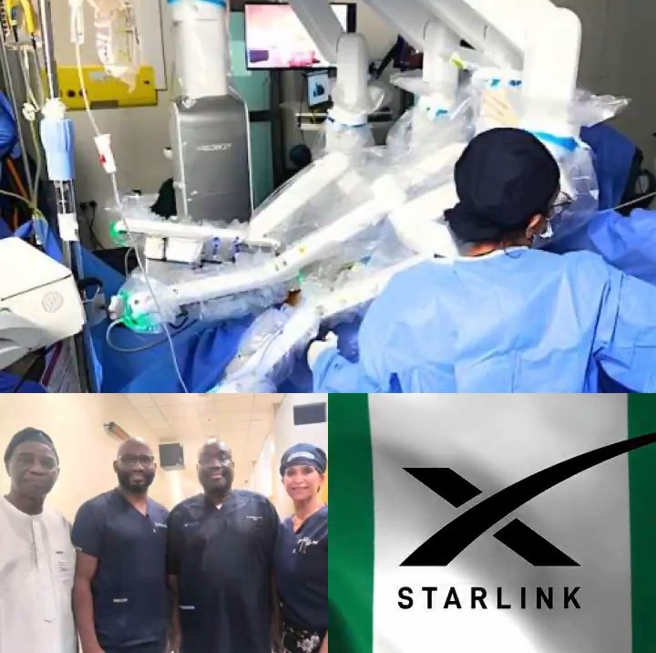 Robotic surgical system in use during Nigeria’s first tele-robotic surgery, with medical team operating, group photo of doctors, and Starlink logo on Nigerian flag